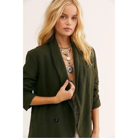 Free People Rowan Blazer Army Green Large Preppy Fall Boho - Picture 3 of 15